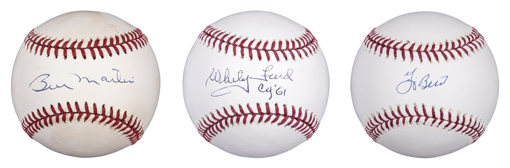 Trio Of New York Yankee Legends Single Signed Baseballs - Berra, Martin & Ford (PSA/DNA)